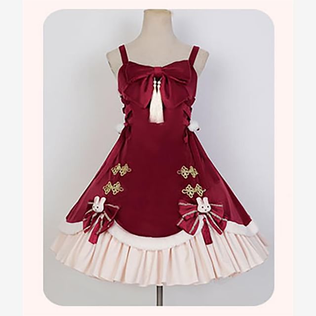 Spaghetti Strap Bow Accent Tassel Layered Lace-Up Mini A-Line Dress / Stand Collar Plain Ruffle Trim Frog Buttoned Shrug / Set
