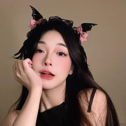 Set:  Halloween Devil Wings Bow Hair Clip + Lace Headband