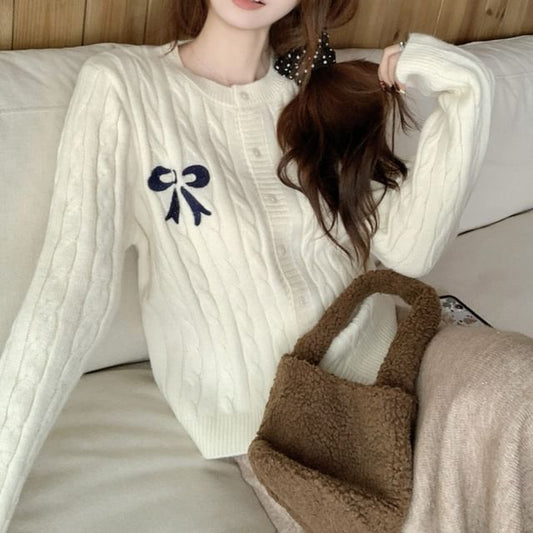 Round Neck Bow Embroidered Cable Knit Cardigan