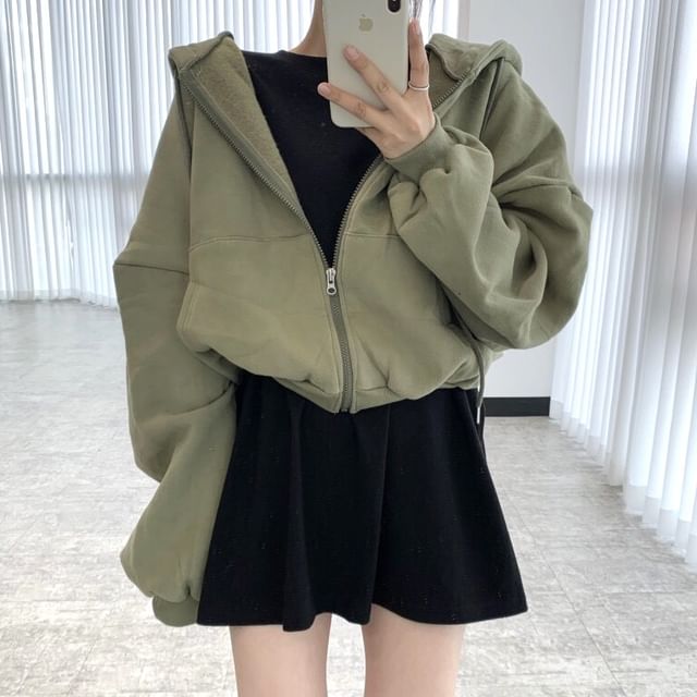 Drop Shoulder Plain Zip Up Cropped Hoodie