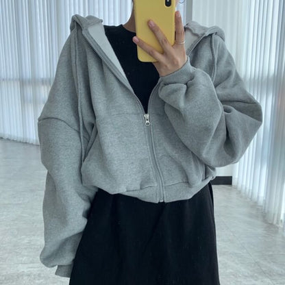 Drop Shoulder Plain Zip Up Cropped Hoodie