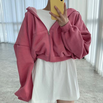 Drop Shoulder Plain Zip Up Cropped Hoodie