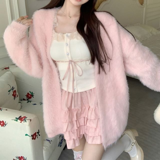 / Plain Ruffle Cami Cardigan Lace A-Line Open Front Waist Top Mini Trim Skirt High Fluffy