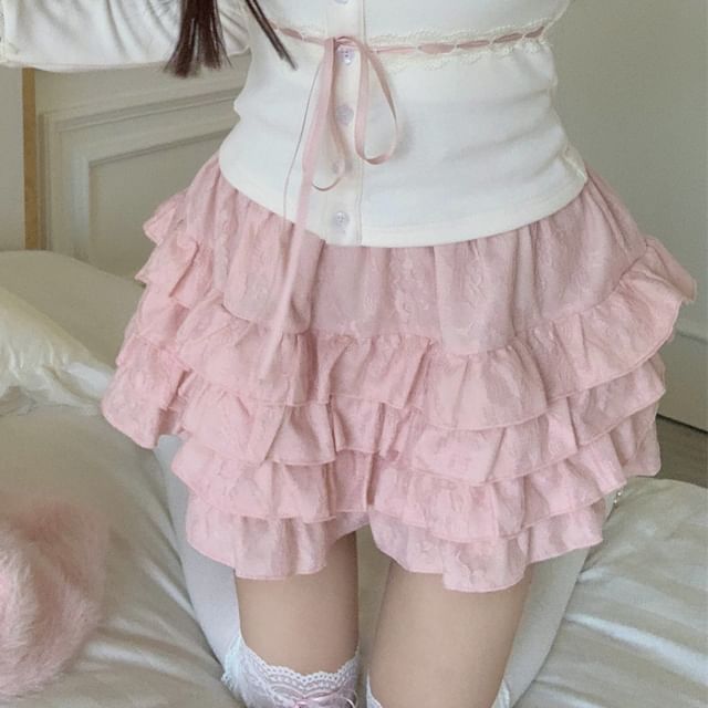 / Plain Ruffle Cami Cardigan Lace A-Line Open Front Waist Top Mini Trim Skirt High Fluffy