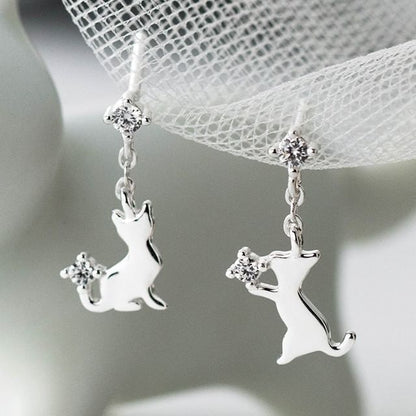 925 Sterling Silver Rhinestone Cat Asymmetrical Drop Earring