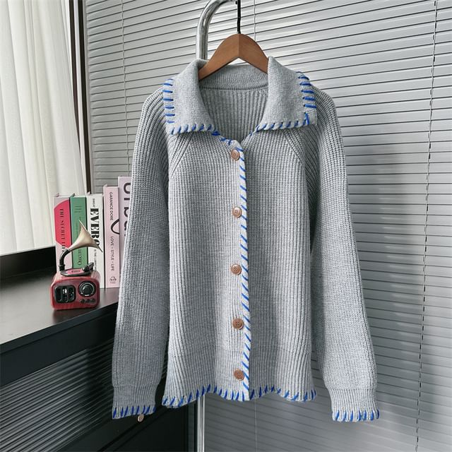 Collar Plain Contrast Stitching Ribbed Cardigan