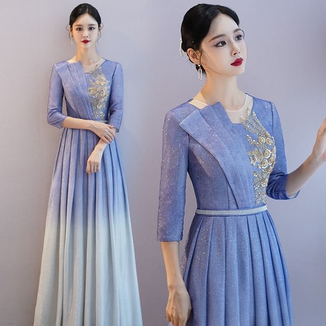 3/4-Sleeve Crew Neck Gradient Sequin Pleated A-Line Evening Gown