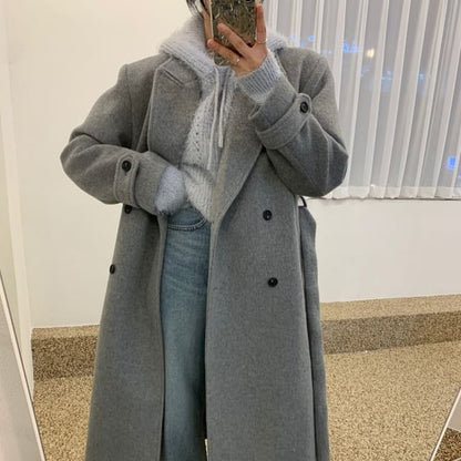 Collared Plain Midi Double Breasted Coat