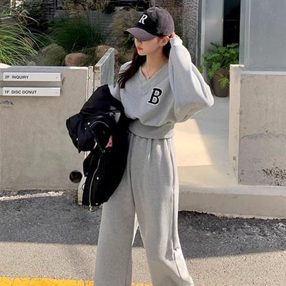 Set: V-Neck Lettering Pullover + Elastic Waist Plain Wide Leg Sweatpants