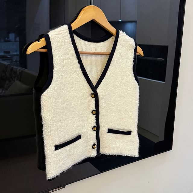 Sleeveless V-Neck Contrast Trim Button Up Sweater Vest / Cardigan