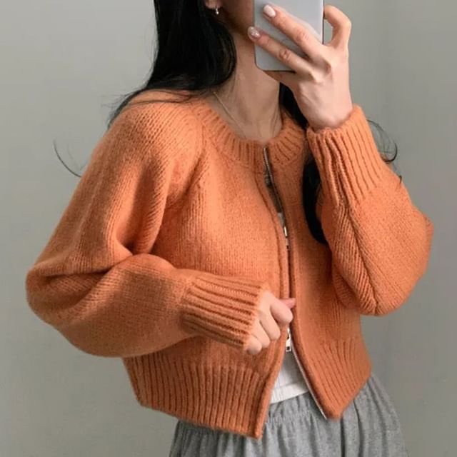 Round Neck Plain Zip Cardigan