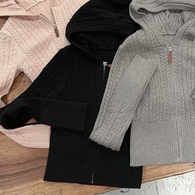 Hooded Plain Cable Knit Zip Up Crop Cardigan