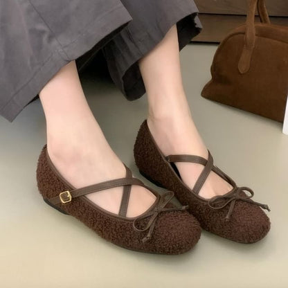 Cross Strap Plain Bow Accent Fleece Mary Jane Flats