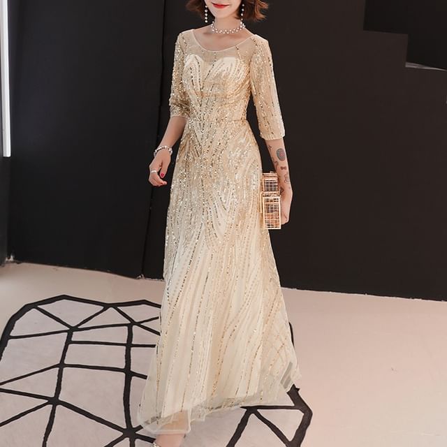 Elbow-Sleeve Round Neck Sequin A-Line Evening Gown