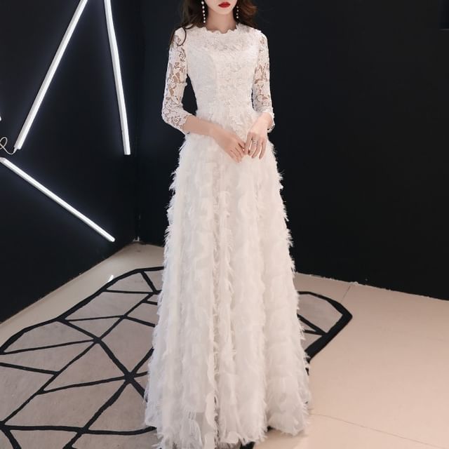 Dress / Gown Evening Round Lace Midi A-Line Neck 3/4-Sleeve Fringed