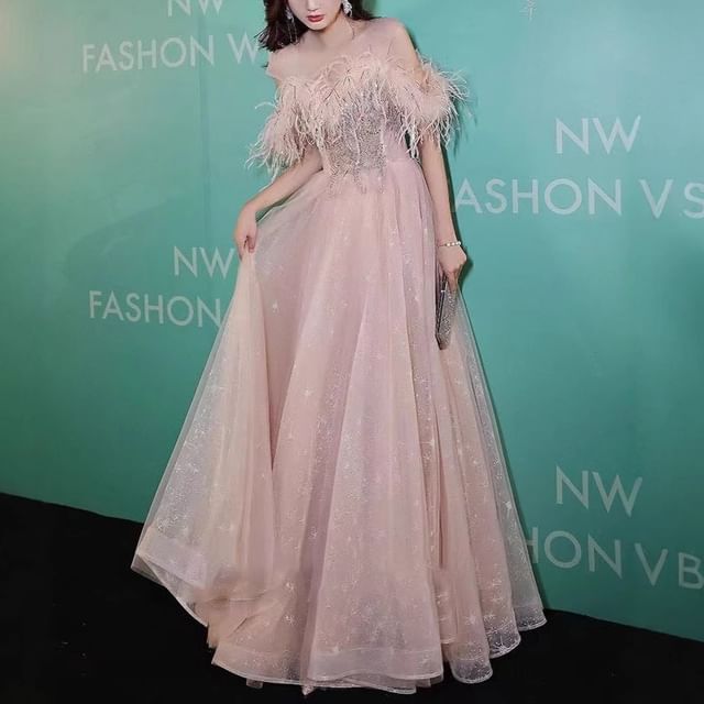 Trim Gown Evening / Mesh A-Line Fluffy Midi Dress Sequin Off-Shoulder