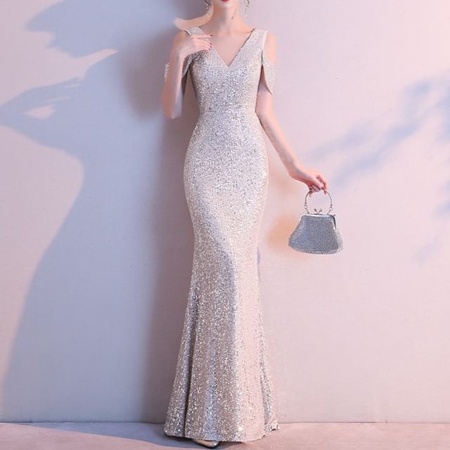 Sequin Mermaid Cold-Shoulder Gown Cap-Sleeve Evening V-Neck