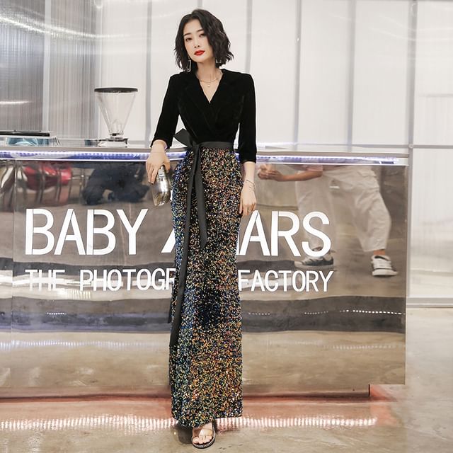 3/4-Sleeve Notch Neck Sequin Panel Evening Gown (Various Designs)