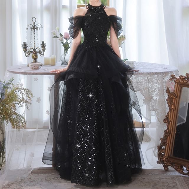 Cold Shoulder Sequin Mesh A-Line Evening Gown