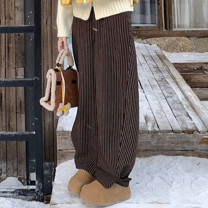 Plain Zip Puffer Vest / Hooded Cardigan / Mid Waist Striped Loose Fit Pants