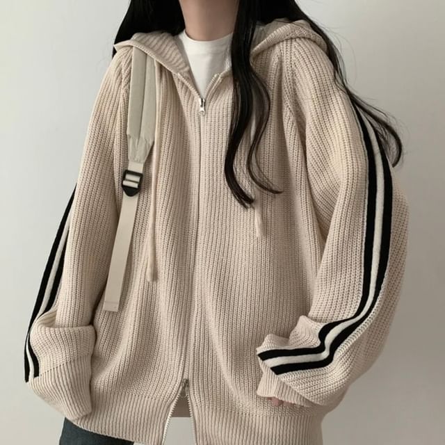 Striped Hooded Oversized Zip Cardigan