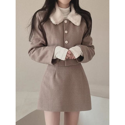 Set: Plain Fluffy Trim Single-Breasted Jacket + High Waist Mini A-Line Skirt