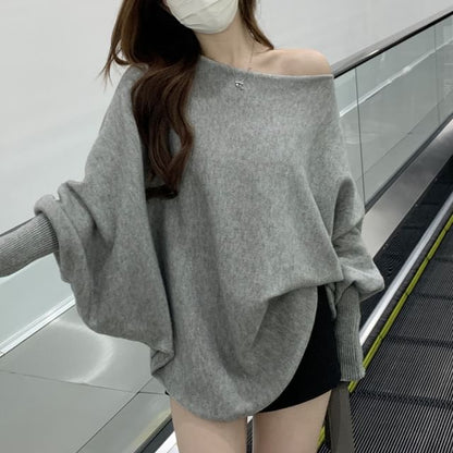 Batwing-Sleeve Off-Shoulder Plain Sweater