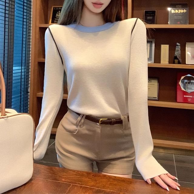 Long-Sleeve Crew Neck Contrast Trim Slim Fit Knit Top