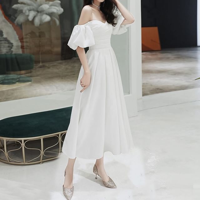 A-Line Midi Plain Off-Shoulder Gown Wedding / Dress Puff-Sleeve