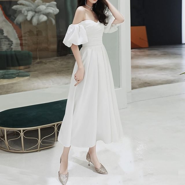 A-Line Midi Plain Off-Shoulder Gown Wedding / Dress Puff-Sleeve