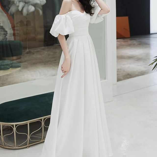A-Line Midi Plain Off-Shoulder Gown Wedding / Dress Puff-Sleeve