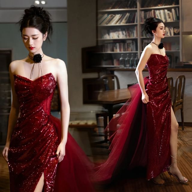 Strapless Sequin Ruched Trained Slit Sheath Evening Gown