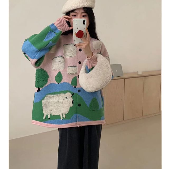 Round Neck Sheep Jacquard Cardigan