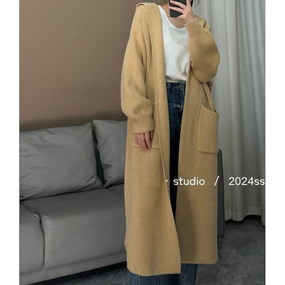 Hooded Midi Open Front Cardigan