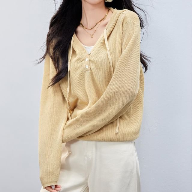 Tone Mock Knit Hoodie V-Neck Two Two-Piece