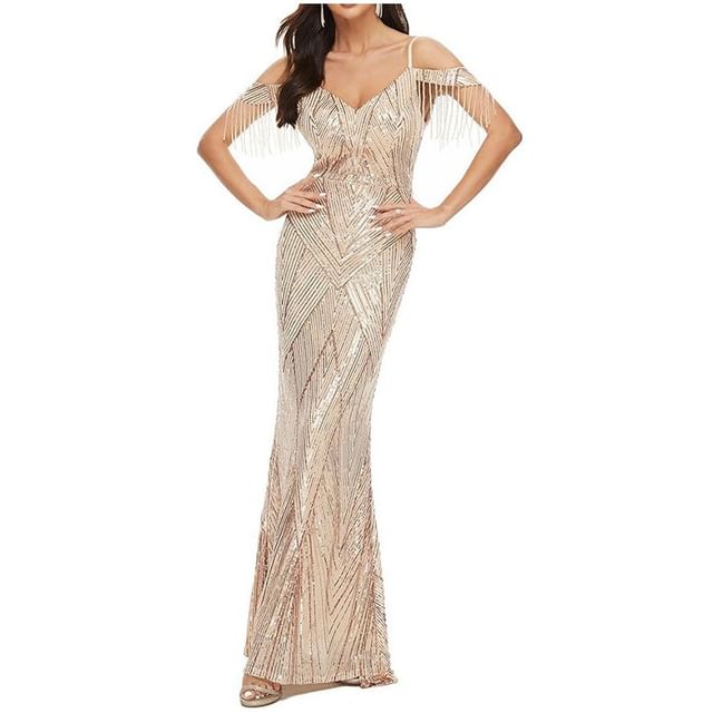Cold-Shoulder Sequin Beaded Trumpet Evening Gown