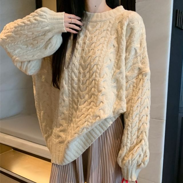 Round Neck Plain Cable Knit Sweater / High Rise Mini A-Line Skirt