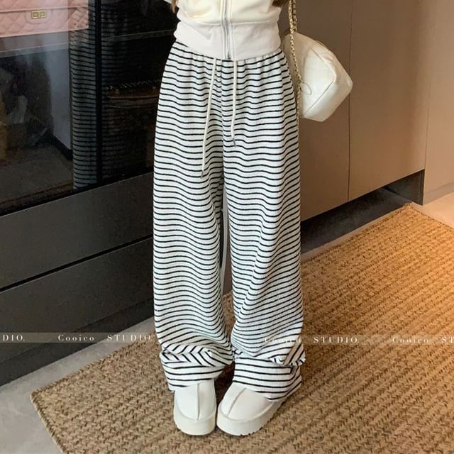 Plain Zip-Up Crop Hoodie / Drawstring Waist Striped Wide Leg Pants