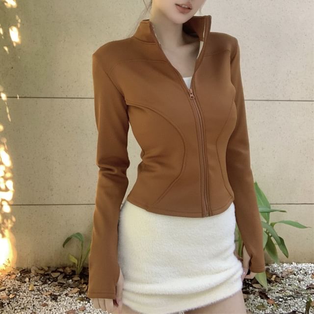 Stand Collar Plain Zip-Up Crop Jacket