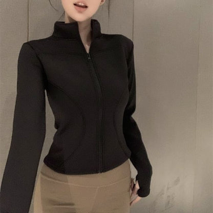 Stand Collar Plain Zip-Up Crop Jacket