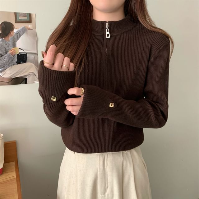 Half-Zip Plain Ribbed Sweater