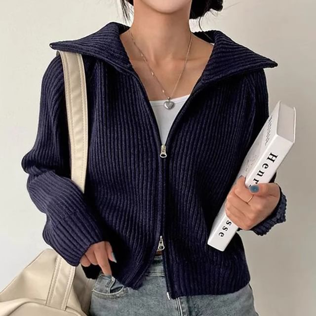 Collared Ribbed Zip-Up Plain Cardigan