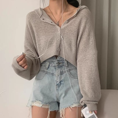 Hooded Plain Crop Cardigan