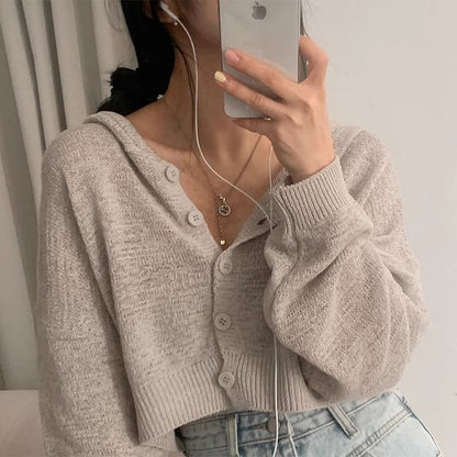 Hooded Plain Crop Cardigan