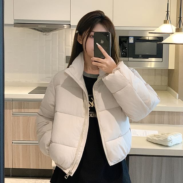 Hooded Plain Zip-Up Puffer Jacket