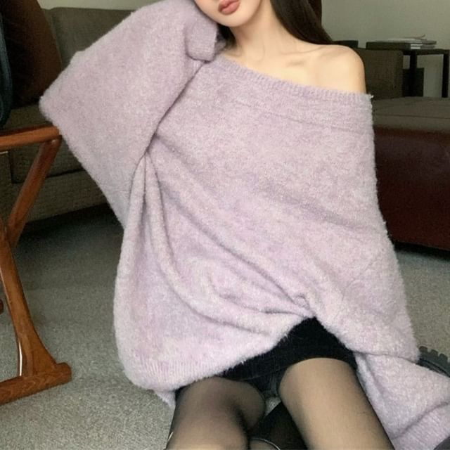 Shoulder Off Sweater Drop Oversized / Belt Plain