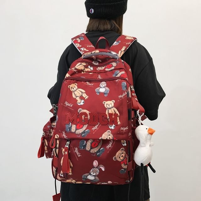 Applique Bag Bear / Lettering Print Laptop Nylon Set Backpack Charm Tote