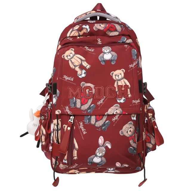 Applique Bag Bear / Lettering Print Laptop Nylon Set Backpack Charm Tote