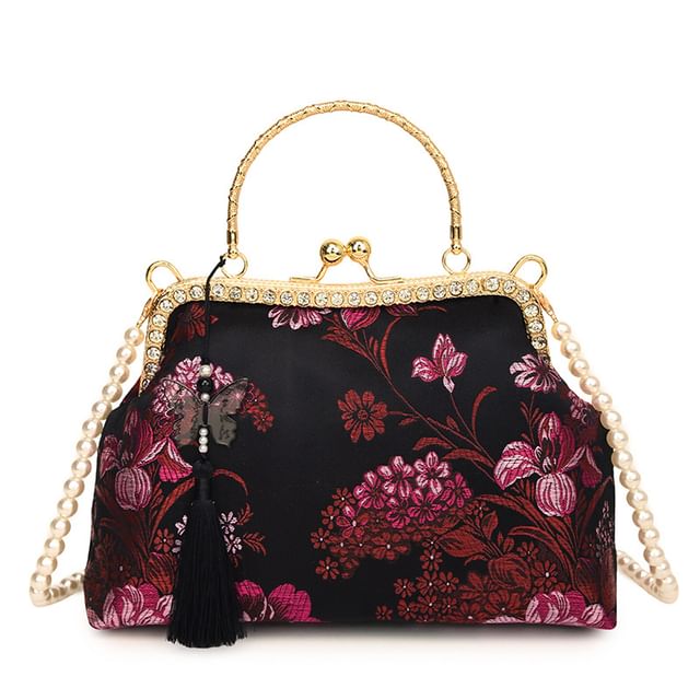 Floral Strap Bag Pearl Lock Kiss Crossbody Tassel Faux Embroidered