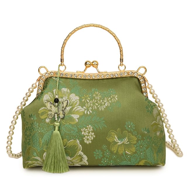 Floral Strap Bag Pearl Lock Kiss Crossbody Tassel Faux Embroidered